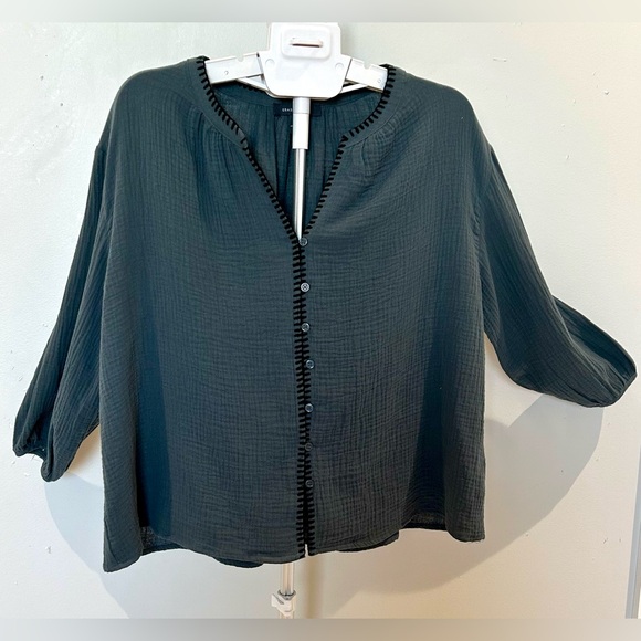 grade & gather Tops - Grade & Gather - Muslin Double Gauze Band Collar Blouse- Crepe Cotton Loose Fit